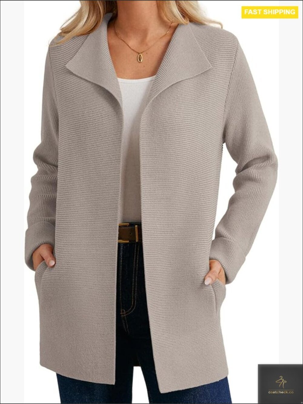 Long Cardigan Sweater Chunky Knit Open Front Lapel Pockets Work Office Chic